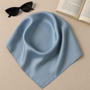 Esarfa dama bleu, satin mătase, patrata 65x65 cm, prospețime, rafinament și versatilitate